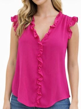 DKNY Radiant Pink Ruffle Sleeveless Blouse Size M NWT Sheer Flowy Top